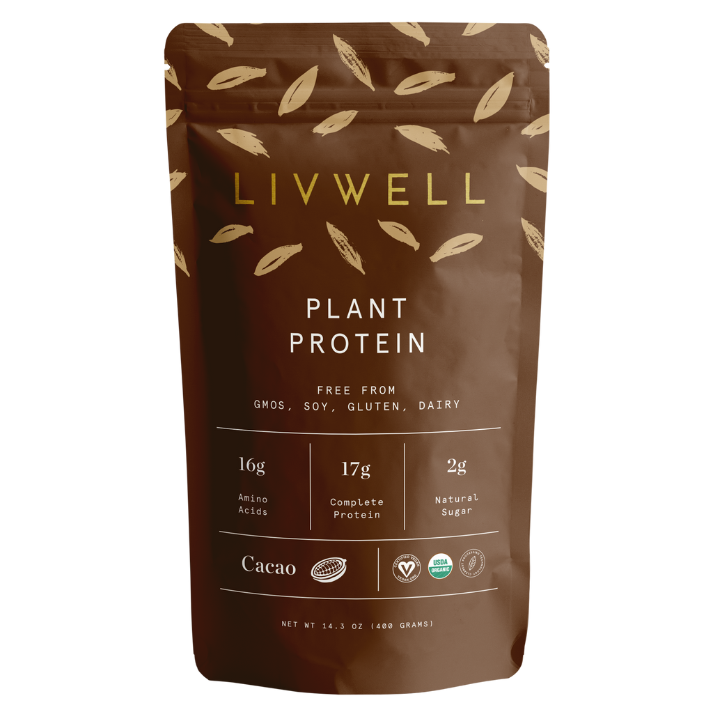 Organic raw cacao plant based protein powder blend shown in premium supplement packaging
