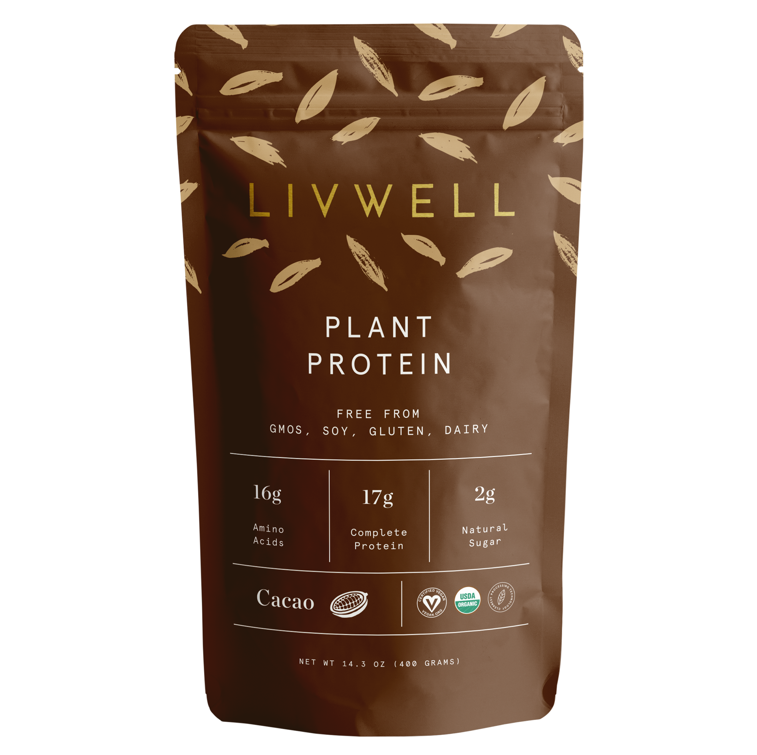 Organic raw cacao plant based protein powder blend shown in premium supplement packaging