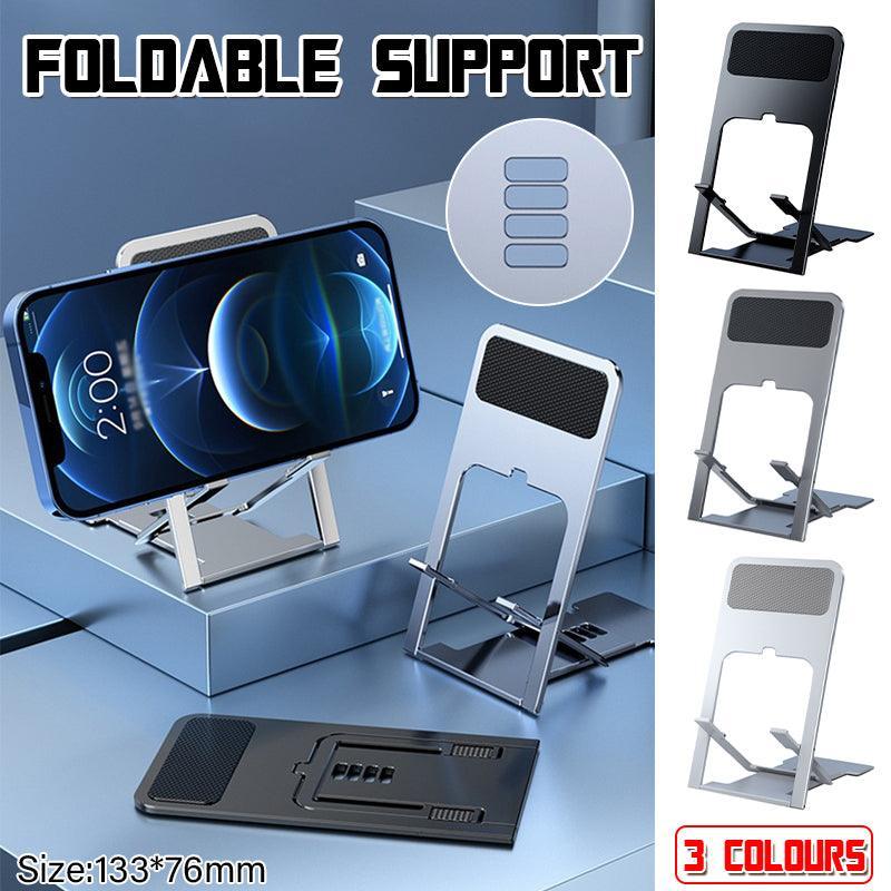 Adjustable folding black mobile phone and tablet stand holder resting on a flat surface