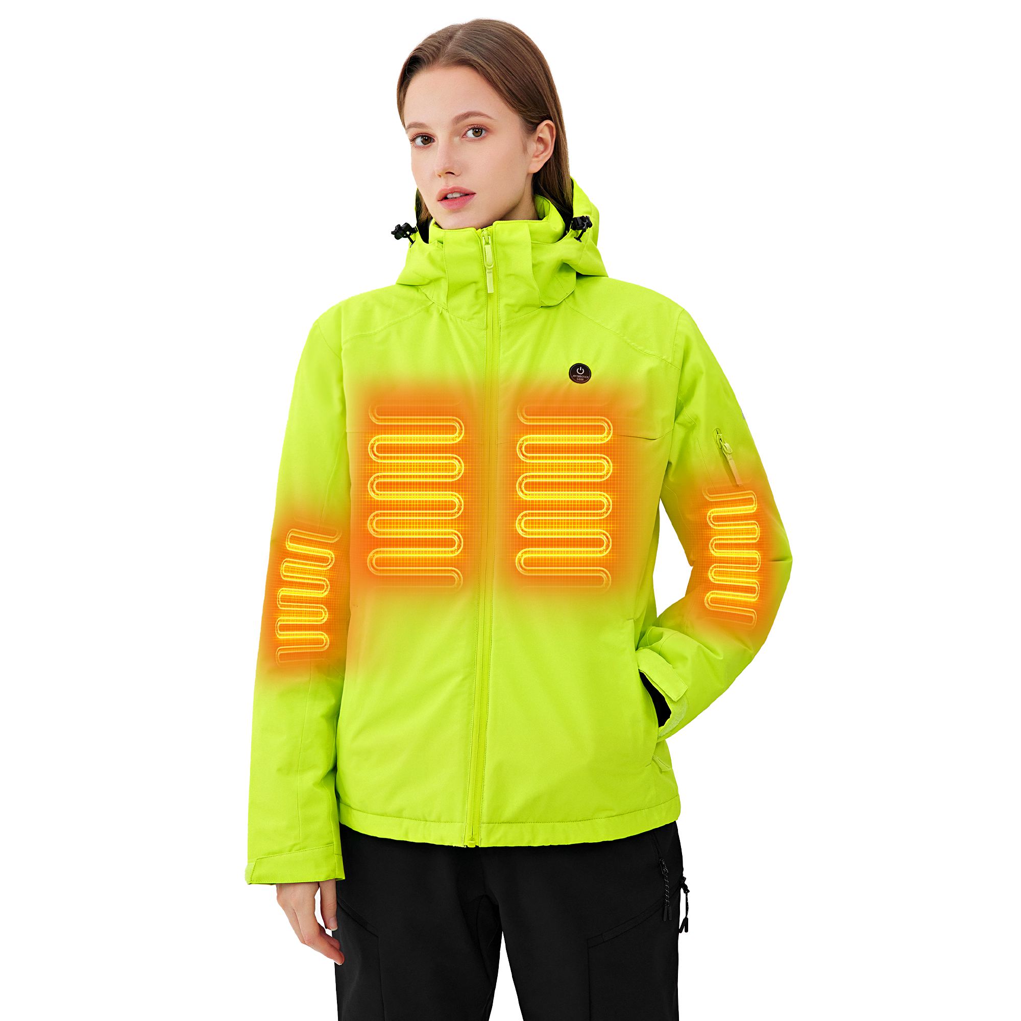 Women's heated ski jacket in weather-resistant fabric with adjustable storm hood and secure zipper pockets