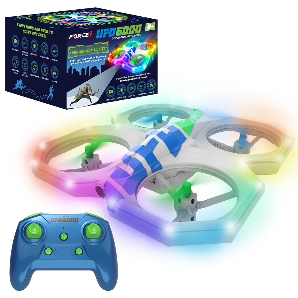 Mini RC stunt aerial drone with glowing multicolor LED propeller guards and compact remote control