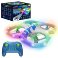 Mini RC stunt aerial drone with glowing multicolor LED propeller guards and compact remote control