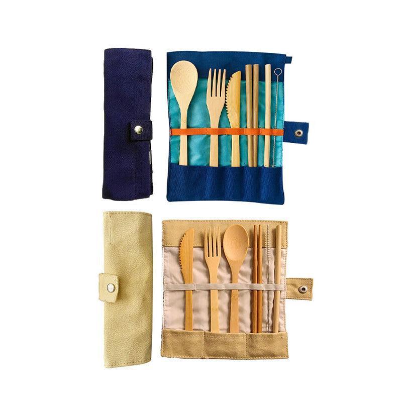 Seven piece bamboo travel cutlery set with knife fork spoon chopsticks straw and carrying pouch — view 2