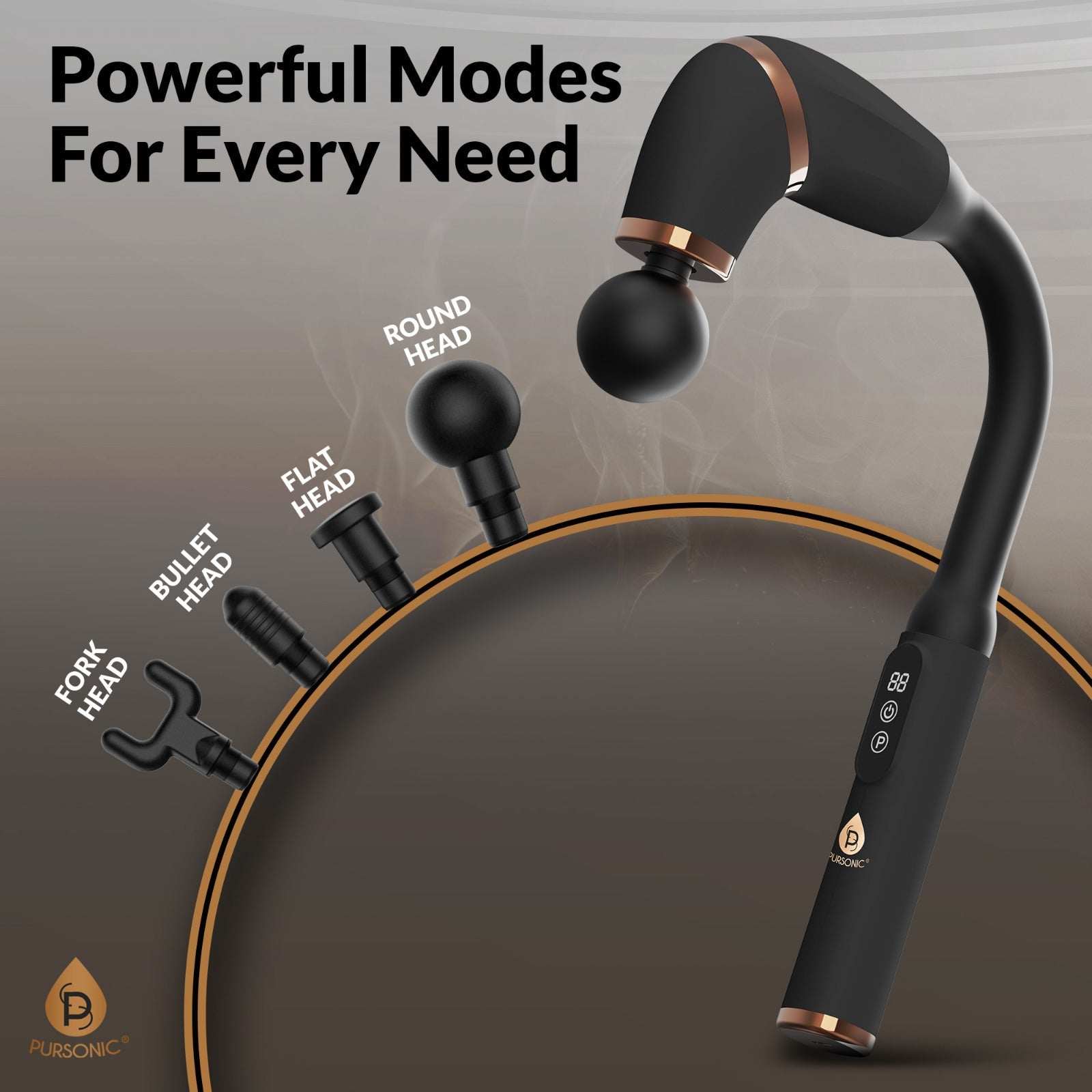 Ultimate U-shaped massage gun in dark grey with four interchangeable massage head attachments — view 4