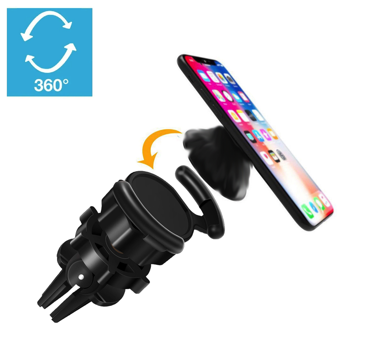 Air vent car phone mount securing a smartphone with an adjustable 360-degree rotating holder