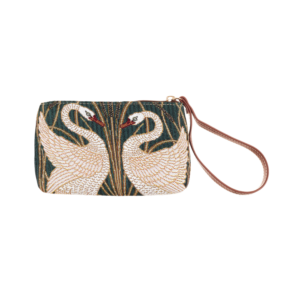 Woven tapestry wristlet bag with swan design and vegan leather hand loop for smartphones