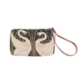 Woven tapestry wristlet bag with swan design and vegan leather hand loop for smartphones