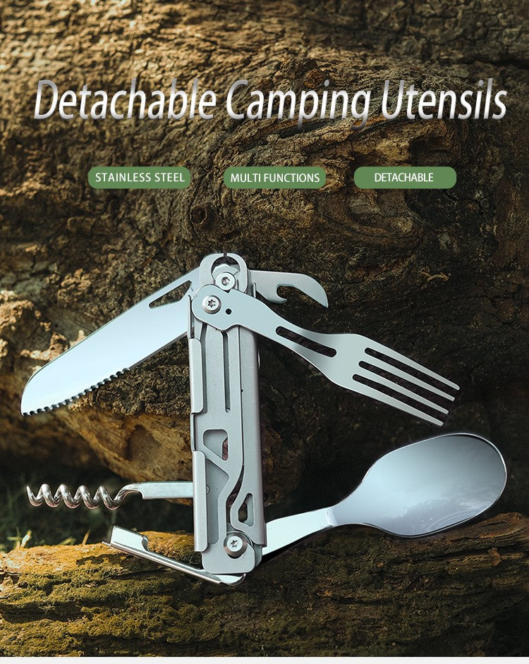 Stainless steel folding camping cutlery multitool featuring a built-in spoon, fork, knife, and corkscrew.