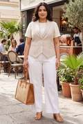 Plus size cotton linen sleeveless jacket with subtle pinstripes and tailored lapel collar