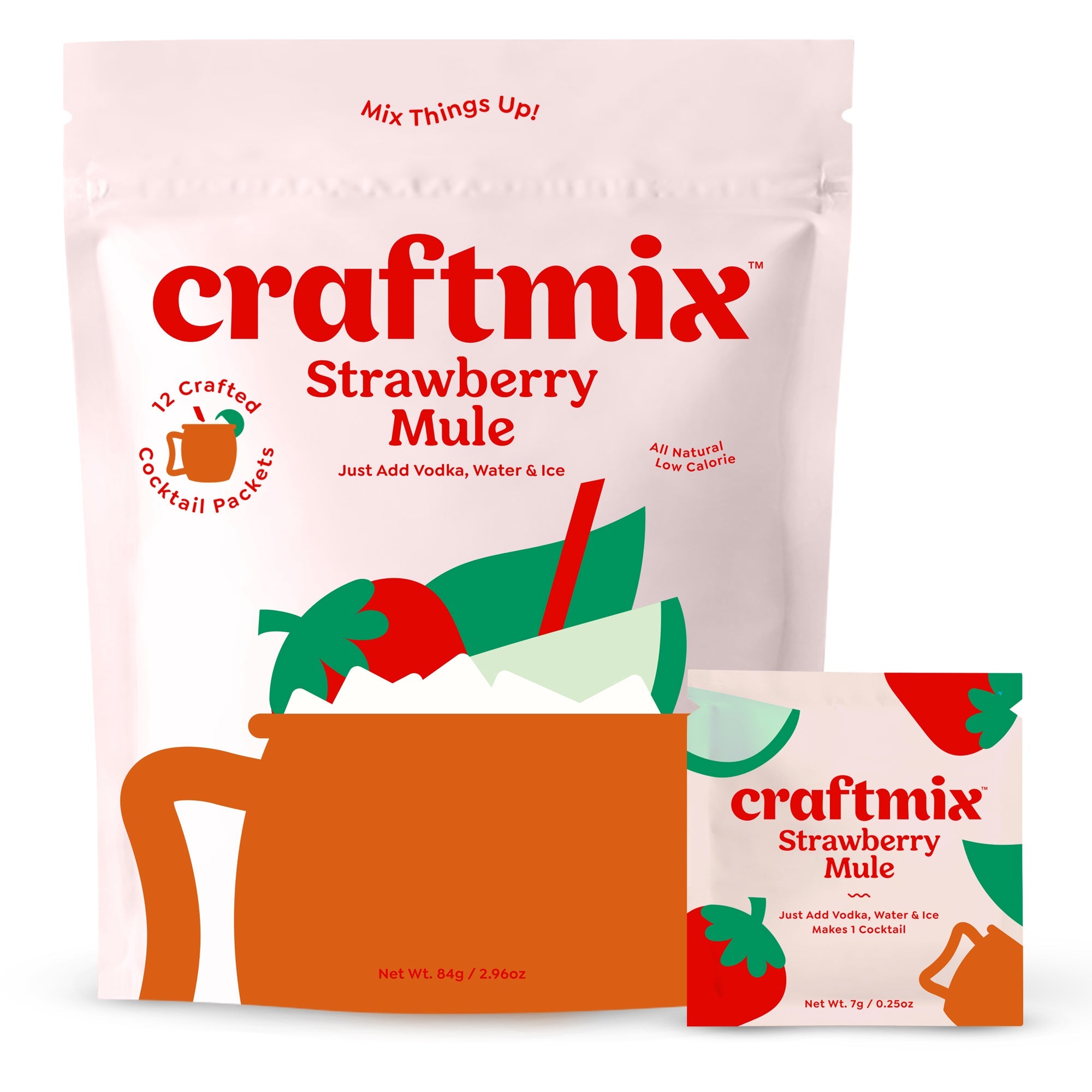 Craftmix Strawberry Mule cocktail mix 12-pack showing individual travel packets and vibrant fruit graphics