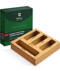 Natural wood ziplock bag storage organizer with slots for gallon quart sandwich and snack bags