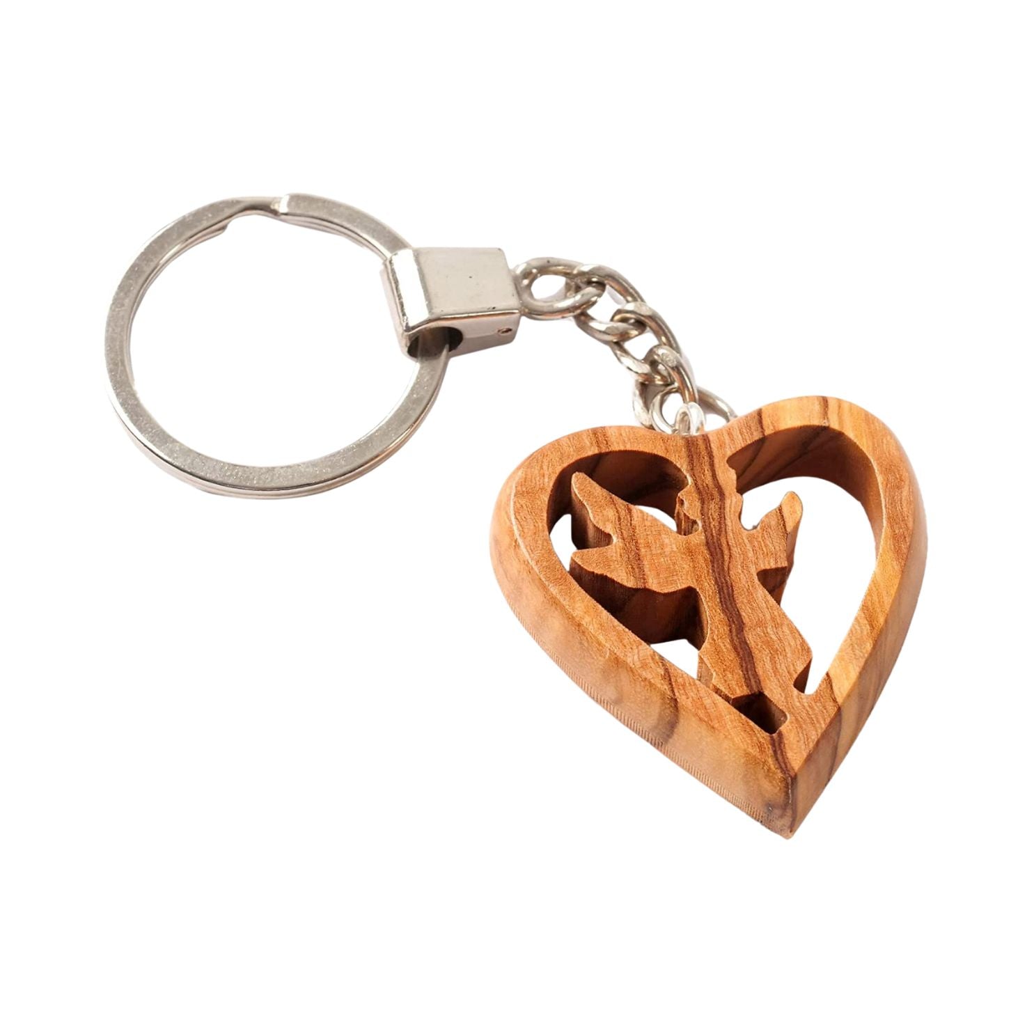 Handcrafted olive wood heart keychain featuring a carved guardian angel on a sturdy metal keyring