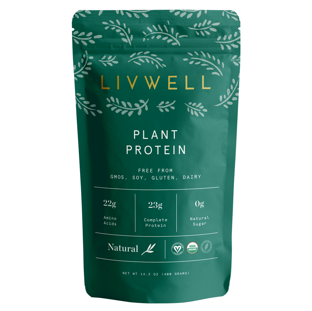 Natural protein blend powder in a container, premium organic plant-based fitness and muscle recovery supplement