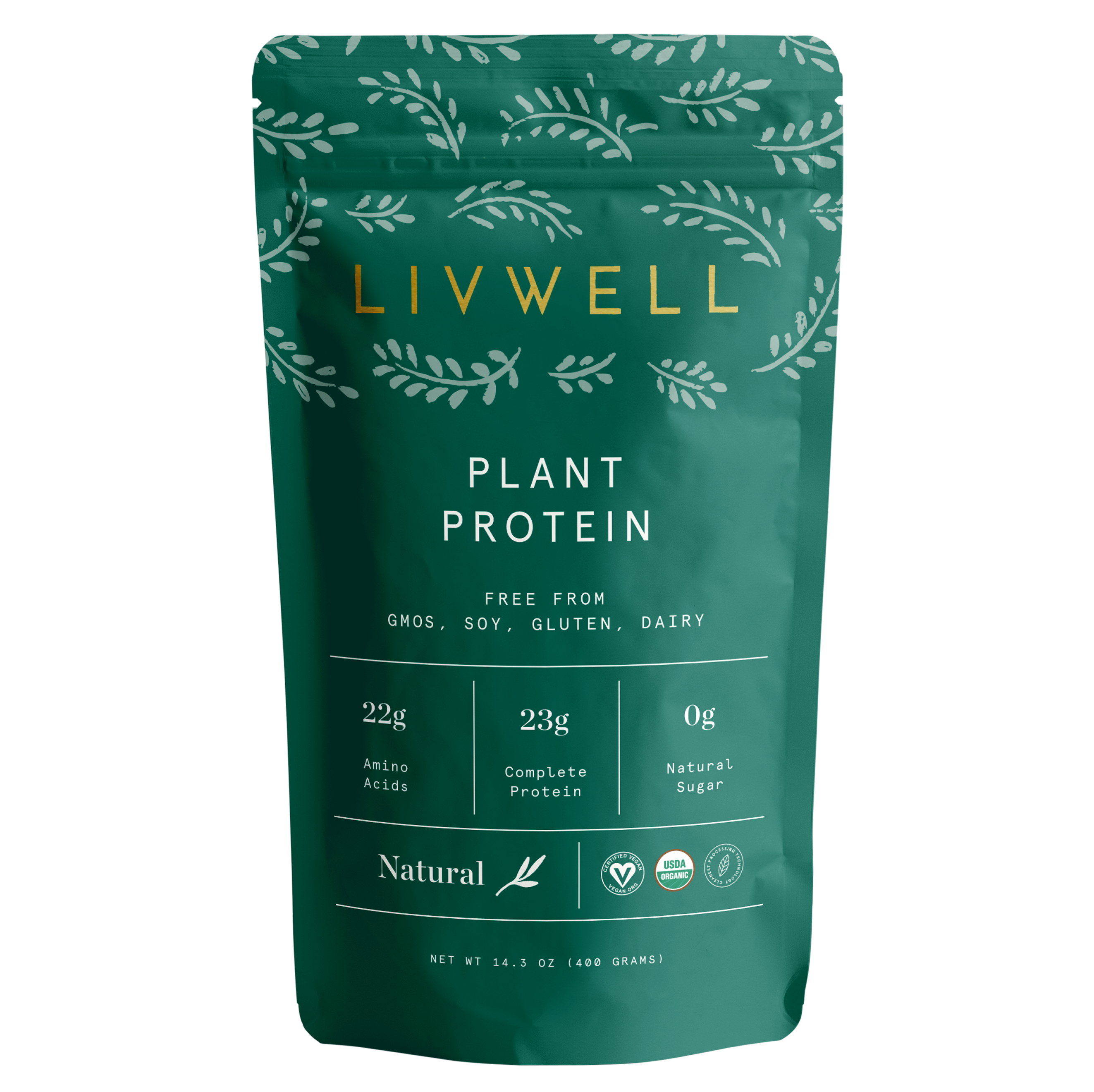 Natural protein blend powder in a container, premium organic plant-based fitness and muscle recovery supplement