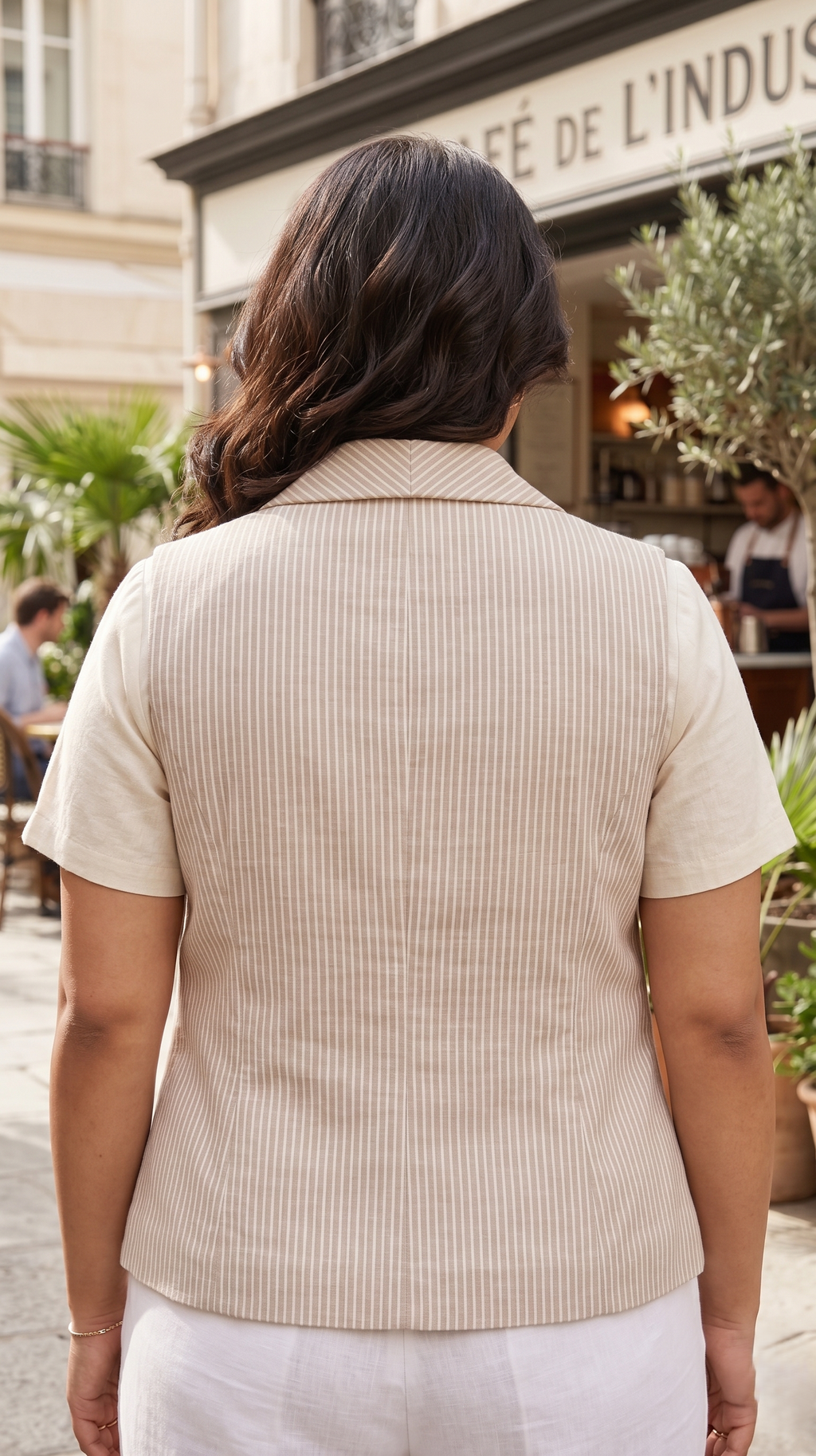 Plus size cotton linen sleeveless jacket with subtle pinstripes and tailored lapel collar — view 4