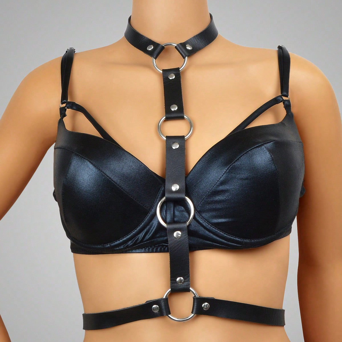 Black PU leather body harness with silver waist chains and adjustable buckles for rave and nightclub