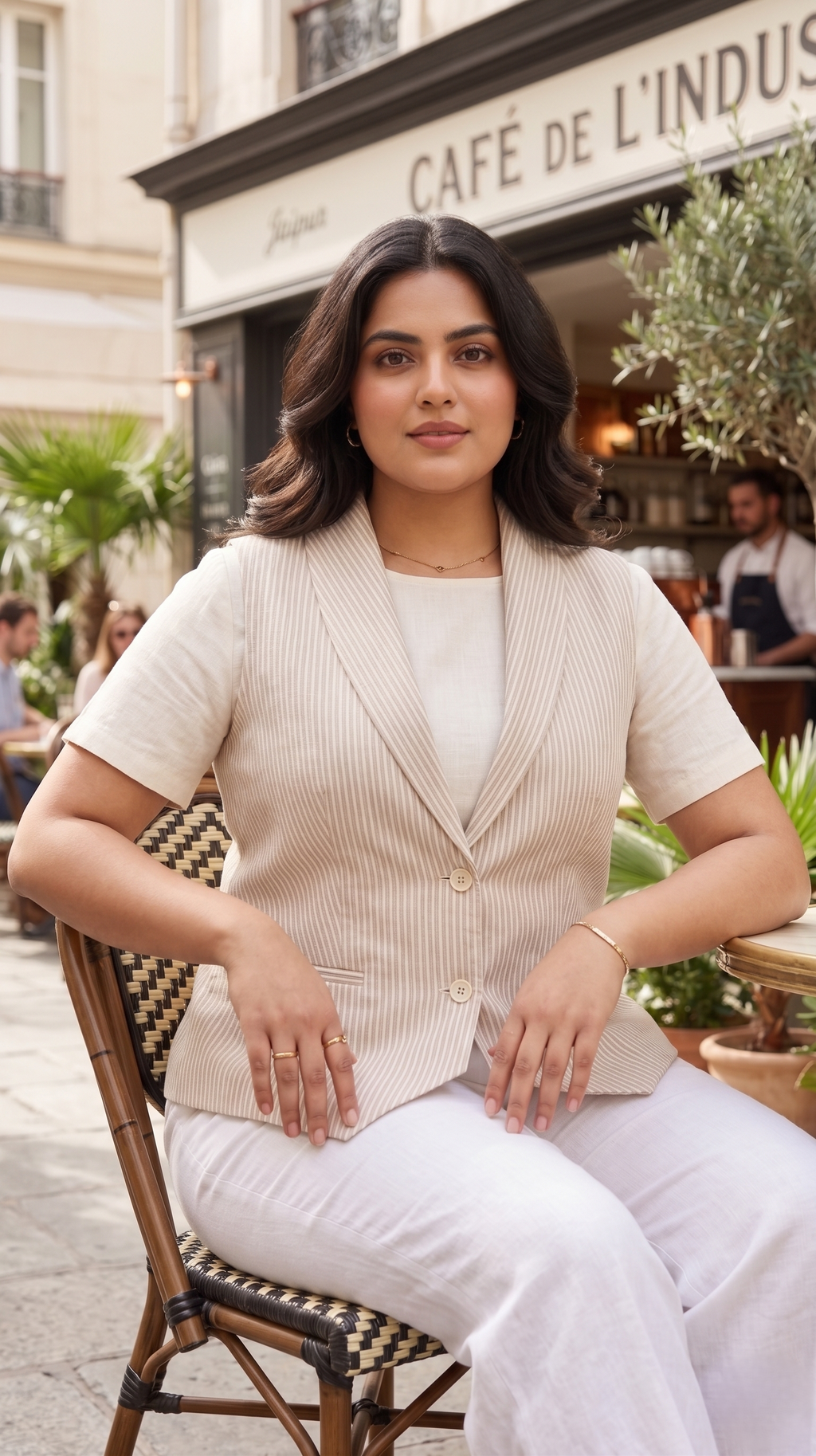 Plus size cotton linen sleeveless jacket with subtle pinstripes and tailored lapel collar — view 2