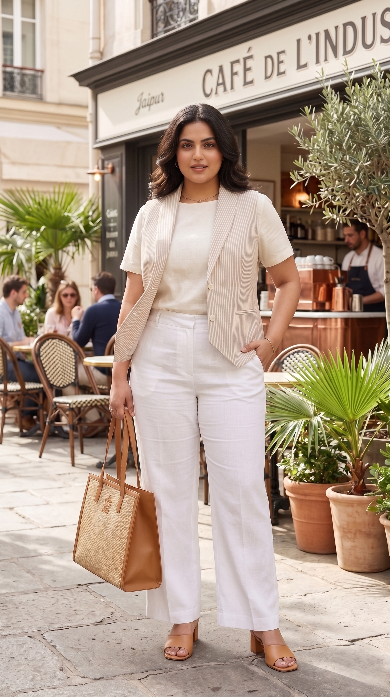 Plus size cotton linen sleeveless jacket with subtle pinstripes and tailored lapel collar — view 5