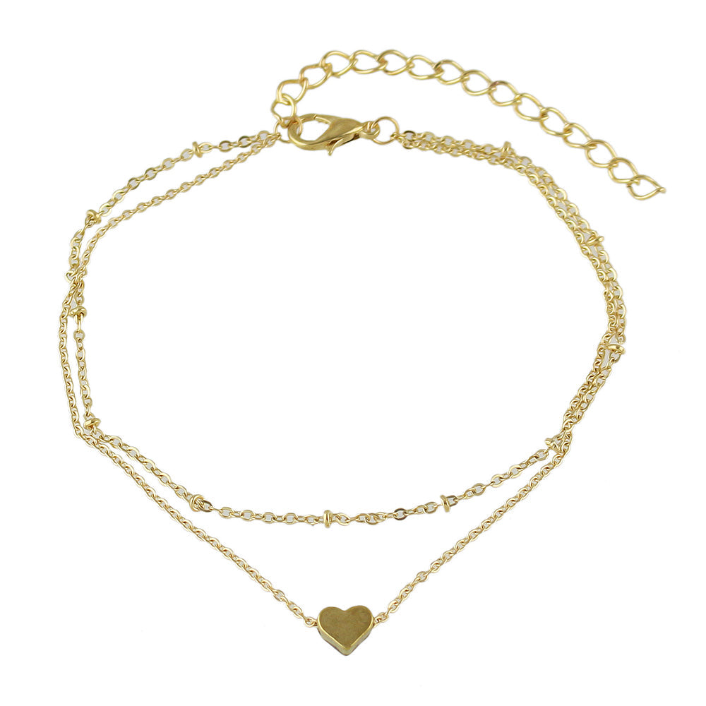 Boho chic gold heart charm anklet with double layer chain for summer beachwear — view 4