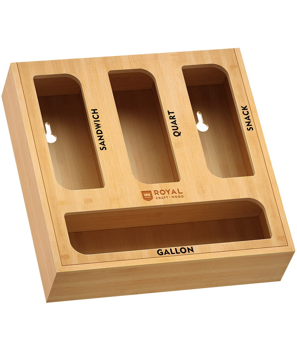 Natural wood ziplock bag storage organizer with slots for gallon quart sandwich and snack bags — view 2