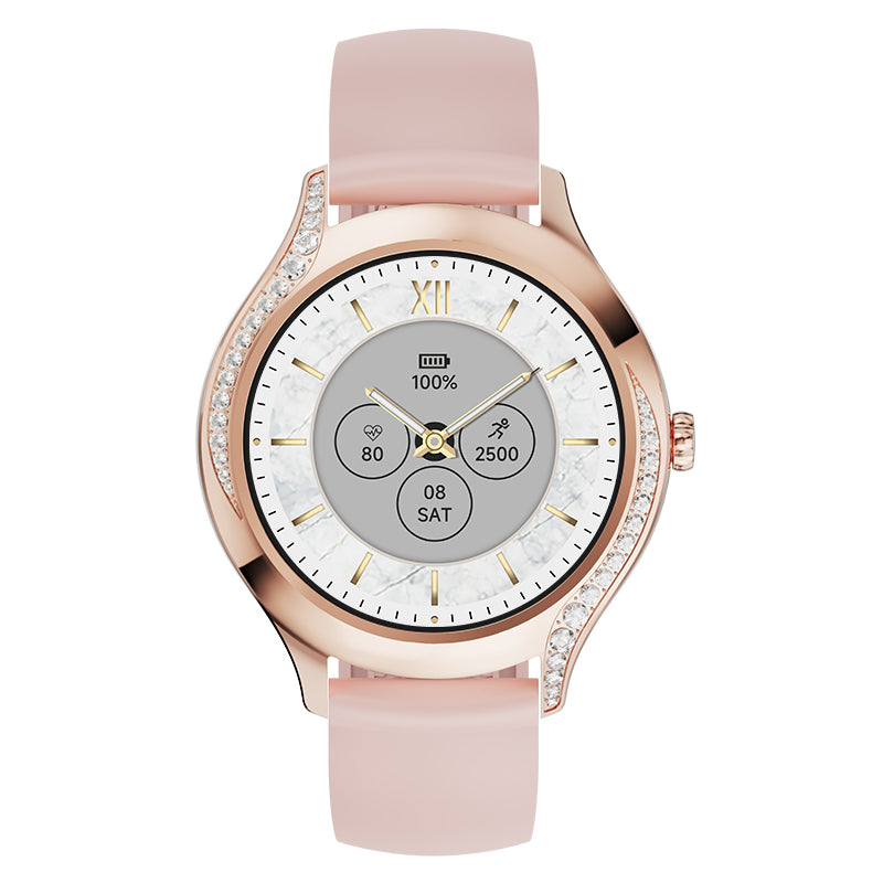 Women's fashion smart watch with diamond bezel, displaying digital fitness tracking face and elegant wristband — view 2