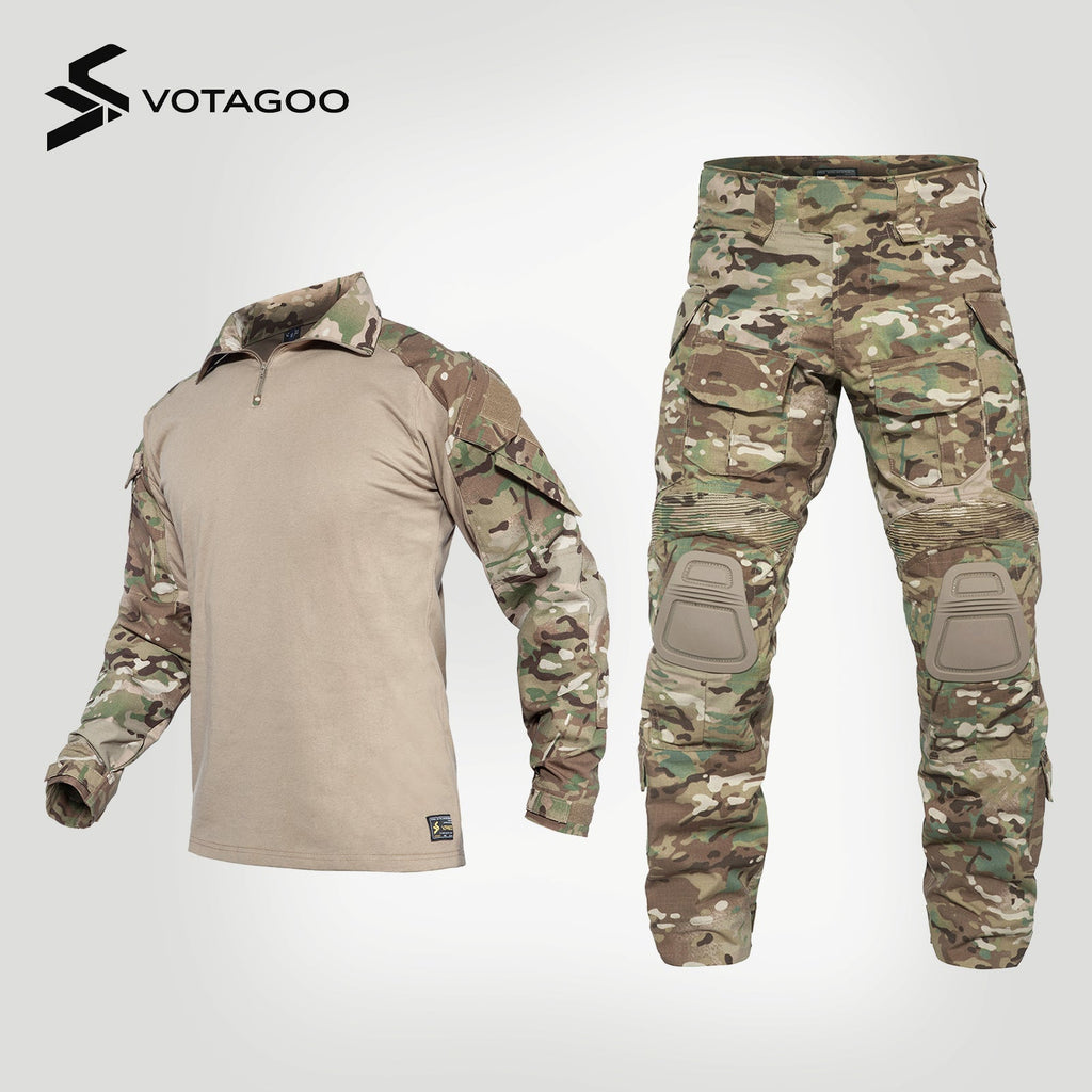 G3 tactical combat uniform set in multicam pattern featuring shirt, pants, and integrated protective pads
