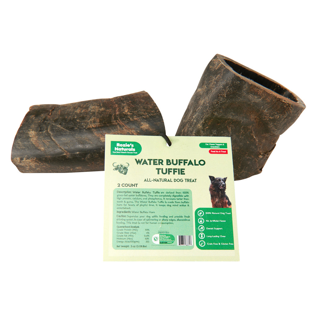 Water buffalo horn dog chews, two natural textured pieces for canine dental health and chewing