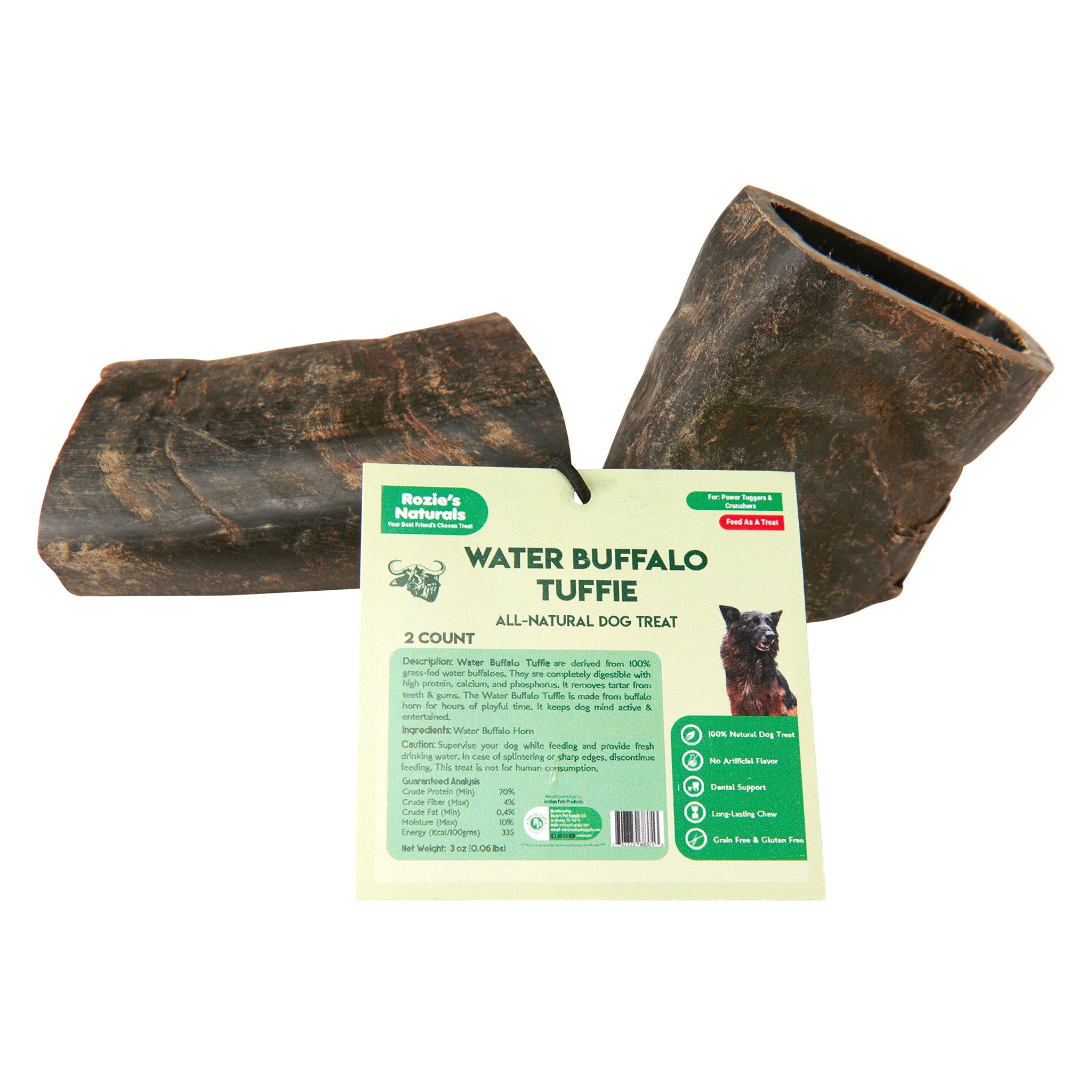 Water buffalo horn dog chews, two natural textured pieces for canine dental health and chewing