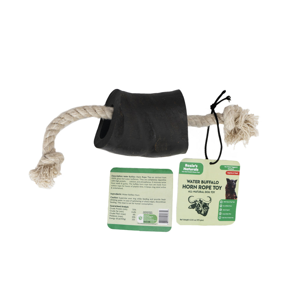Two count natural water buffalo horn dog chews with fourteen inch cotton rope tug toy — view 5