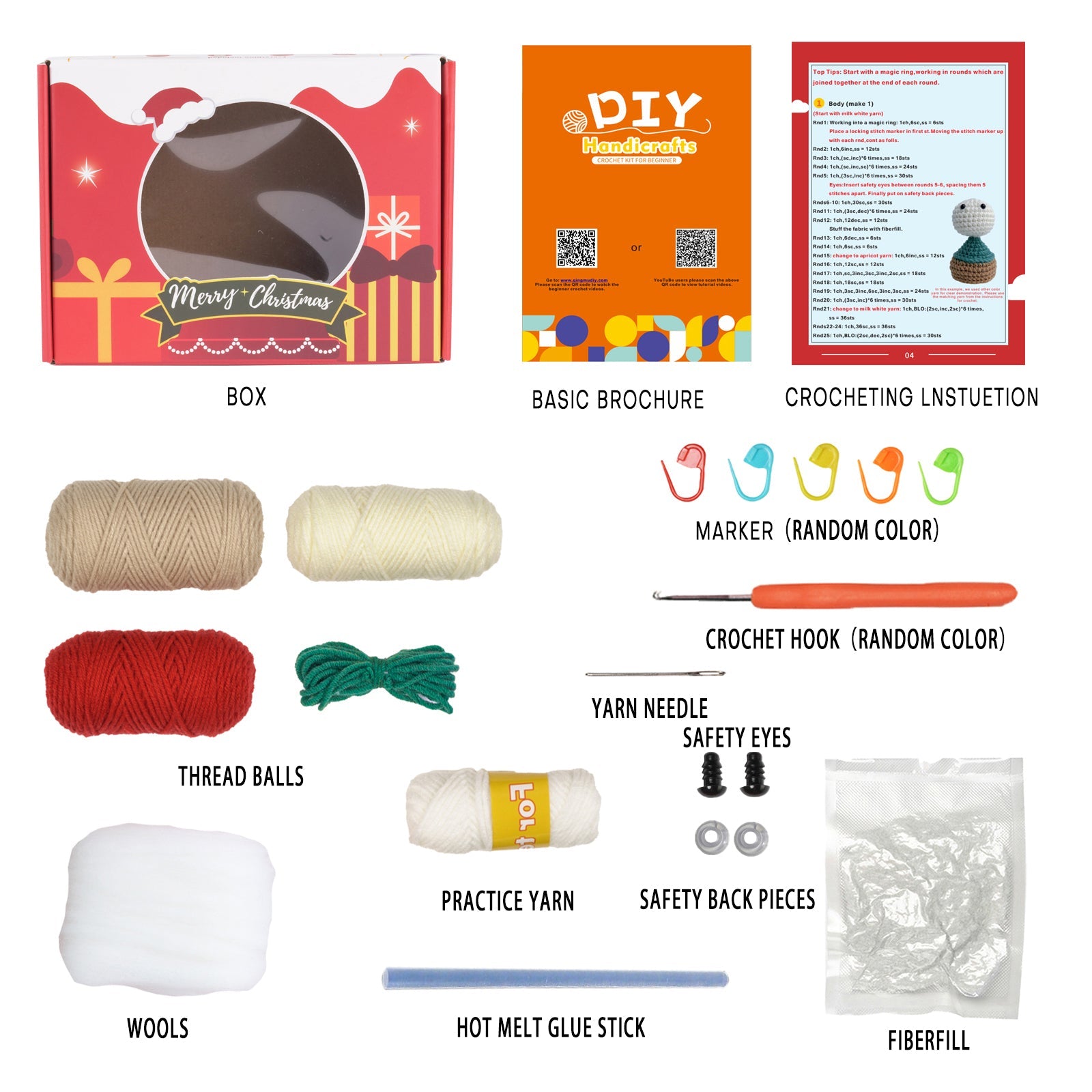 Complete Christmas gnome amigurumi DIY crochet kit with white hat, yarn, hook, and instructions. — view 5