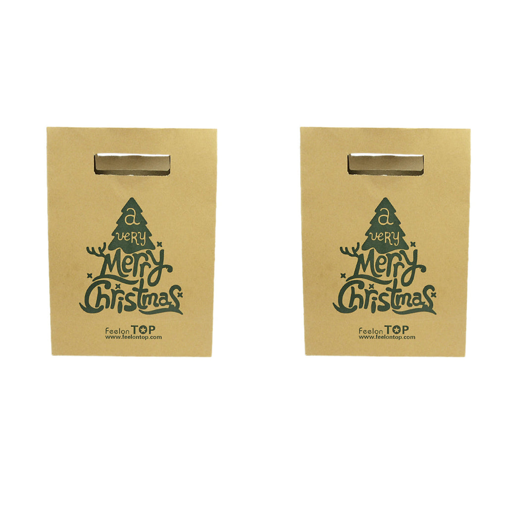 Two large brown kraft paper Christmas gift bags featuring a festive holiday pattern and handles