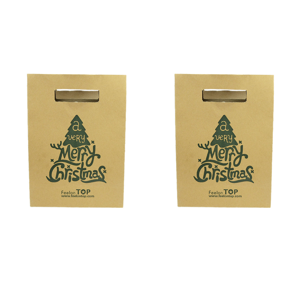 Two large brown kraft paper Christmas gift bags featuring a festive holiday pattern and handles