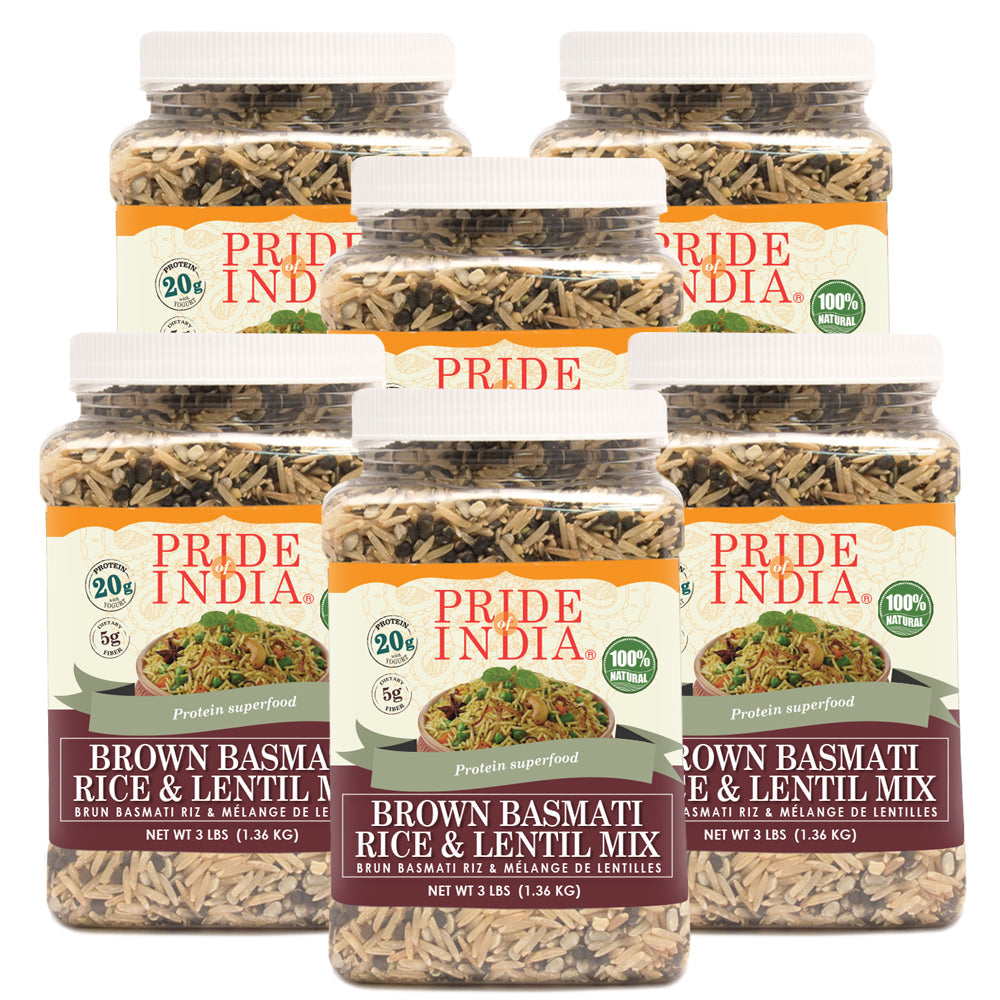 Brown basmati rice and lentil kitchari superfood mix inside a clear food-grade storage jar — view 5