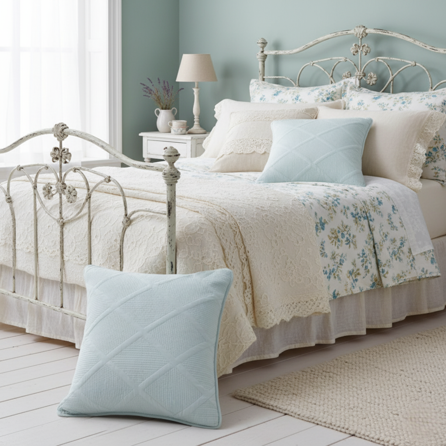 Seafoam blue cotton cushion cover with geometric diamond matelasse stitching on a comfortable bed — view 2