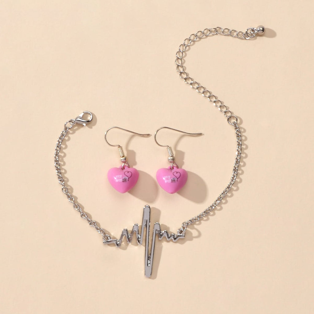 Silver EKG heart shape bracelet and matching heart pendant earrings jewelry set