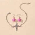 Silver EKG heart shape bracelet and matching heart pendant earrings jewelry set