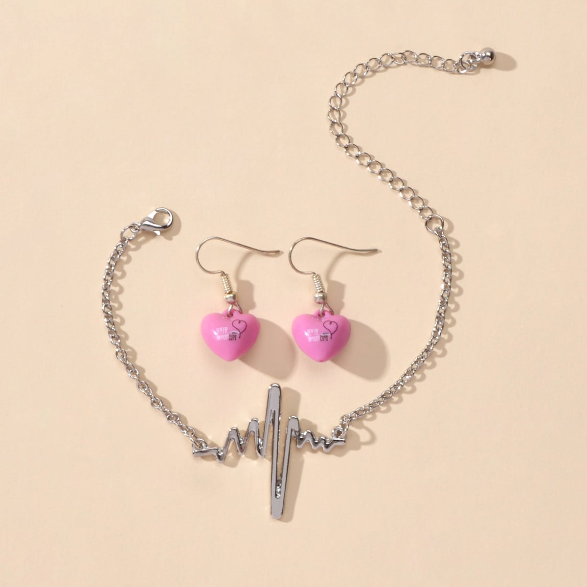 Silver EKG heart shape bracelet and matching heart pendant earrings jewelry set
