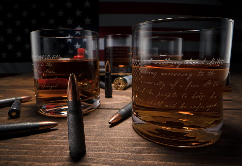 Four 11oz bullet embedded whiskey glasses on an engraved mahogany American flag wooden tray — view 3