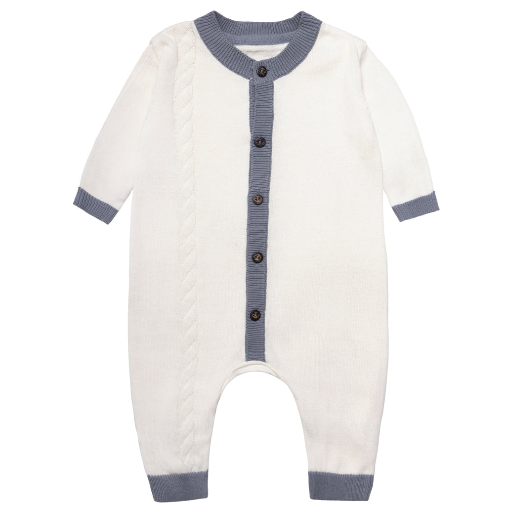Organic cotton newborn baby romper with cable knit details, foldable cuffs, and natural coconut buttons — view 3