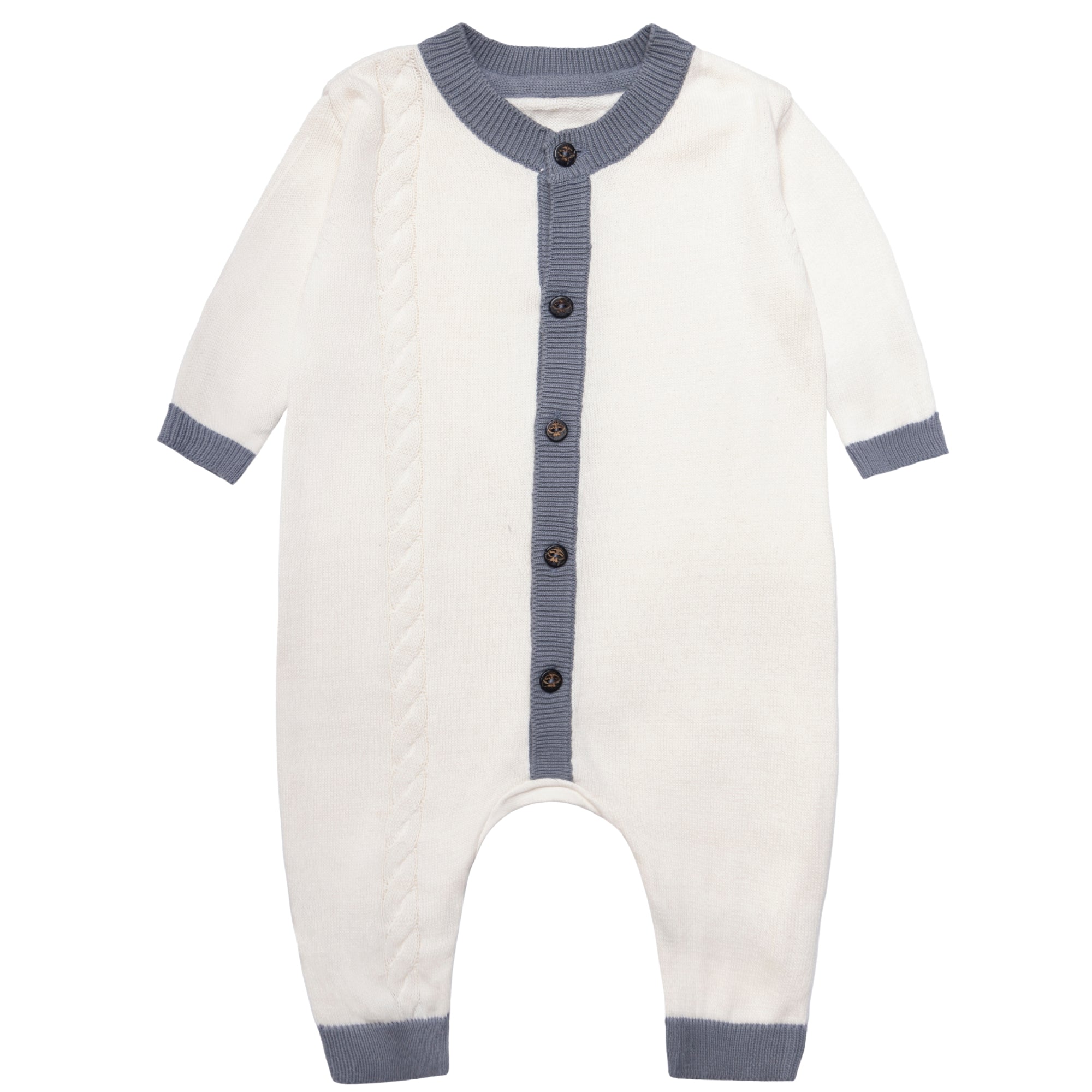 Organic cotton newborn baby romper with cable knit details, foldable cuffs, and natural coconut buttons — view 3