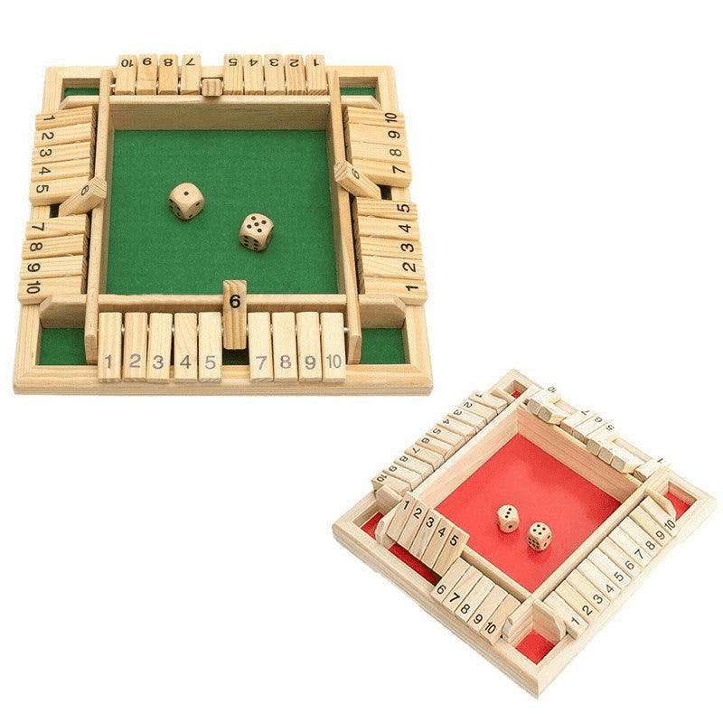 Classic wooden Shut The Box board game with numbered flipping tiles and rolling dice — view 2