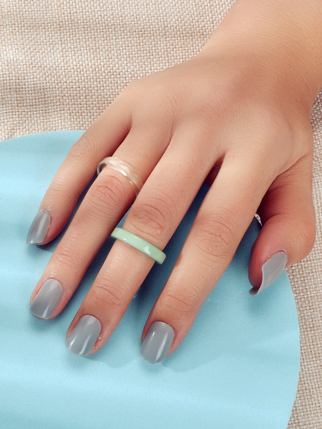 Boho green transparent resin ring set for women showing two stylish circle rings — view 4