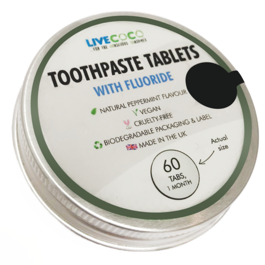 Fresh peppermint toothpaste tablets in a reusable tin container for zero waste oral care — view 2
