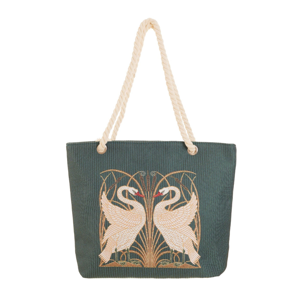 Woven tapestry rope tote bag featuring an elegant Walter Crane swan and botanical art design