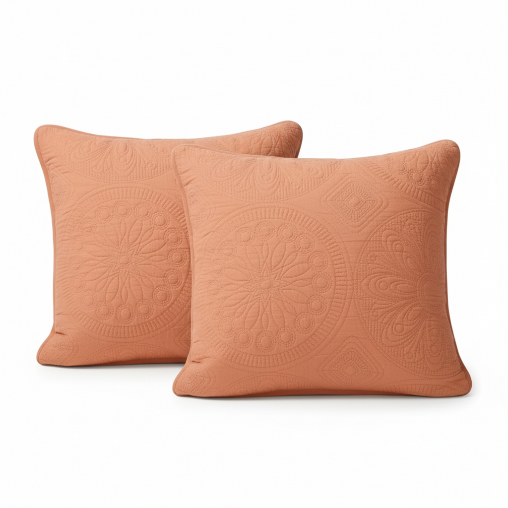 Rustic orange stonewashed cotton cushion cover with Mediterranean geometric floral medallion design.