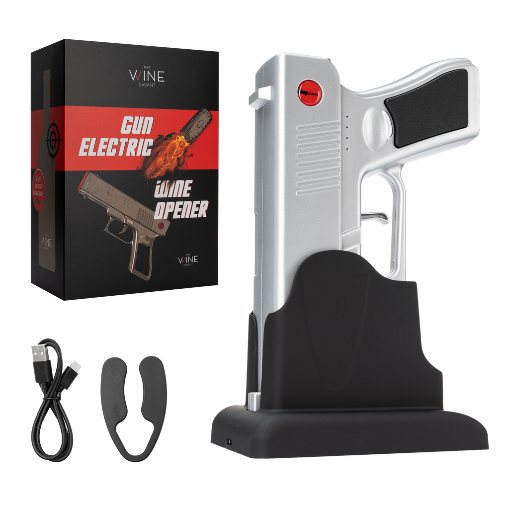 Silver electric pistol wine bottle opener in rechargeable holster dock base