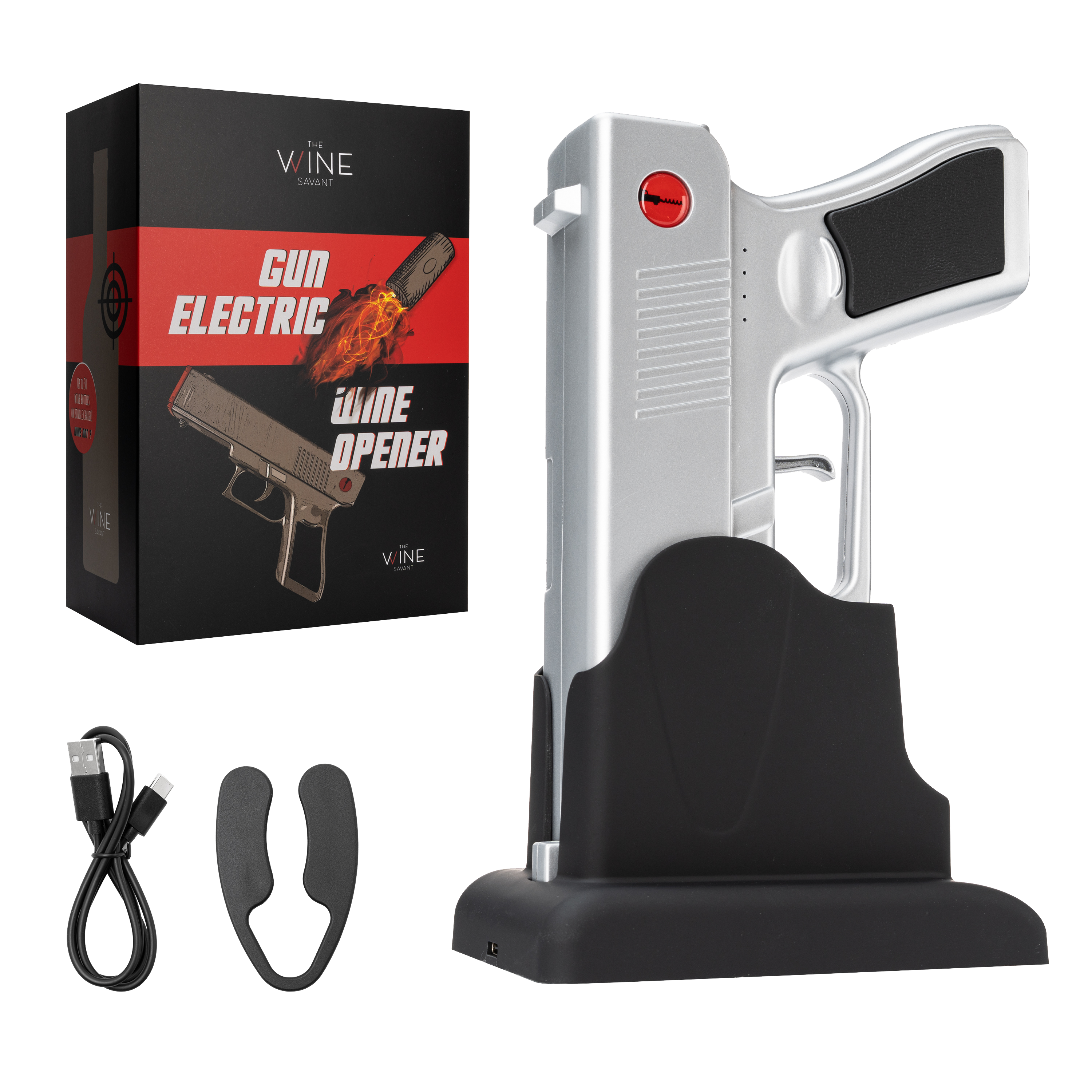 Silver electric pistol wine bottle opener in rechargeable holster dock base