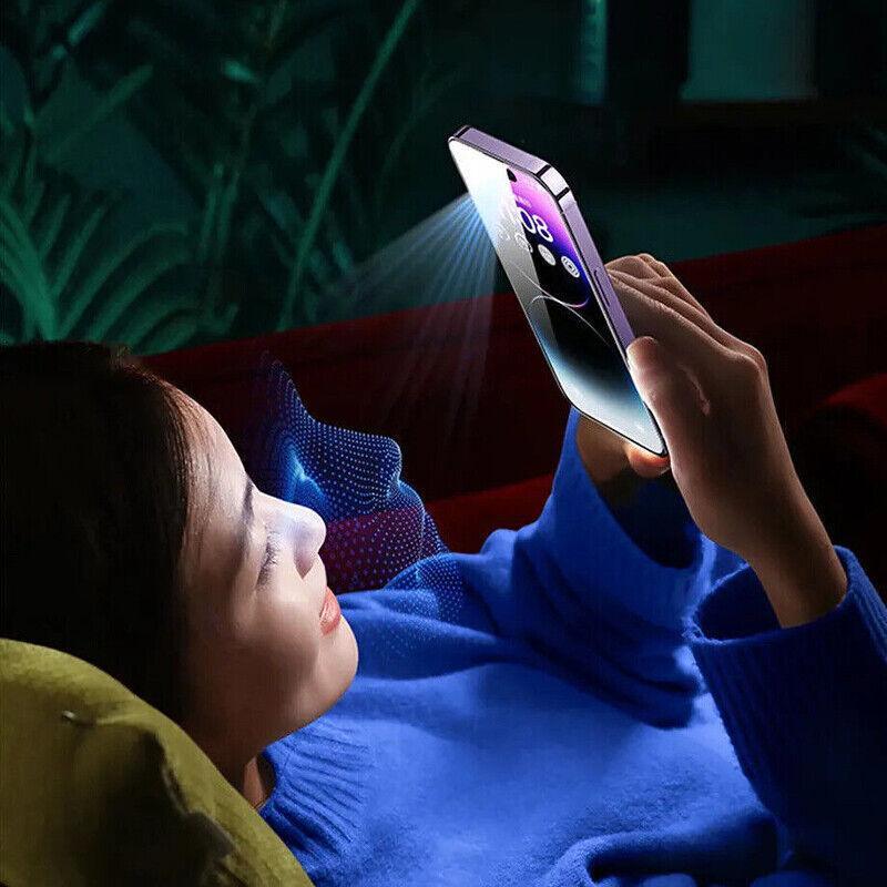 Blue light blocking hydrogel screen protector film applied to a modern iPhone display — view 3