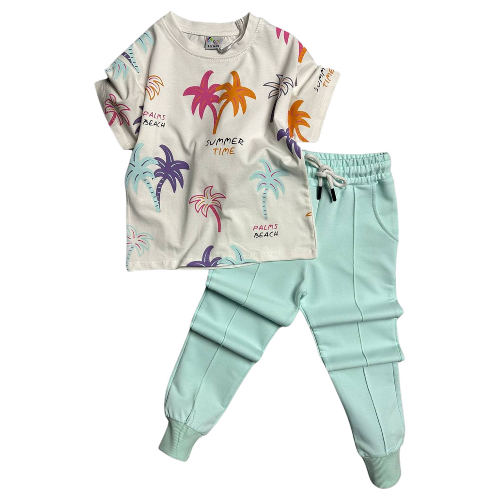 Aqua blue Kissing Palms girls cotton jogger set featuring printed top and matching comfortable sweatpants — view 3