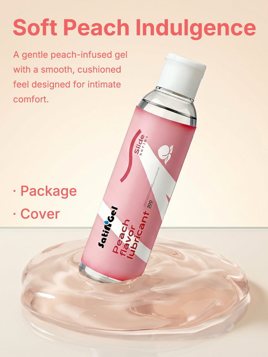 SatinGel peach flavored water-based personal lubricant bottle showcasing plant-based natural ingredients — view 3